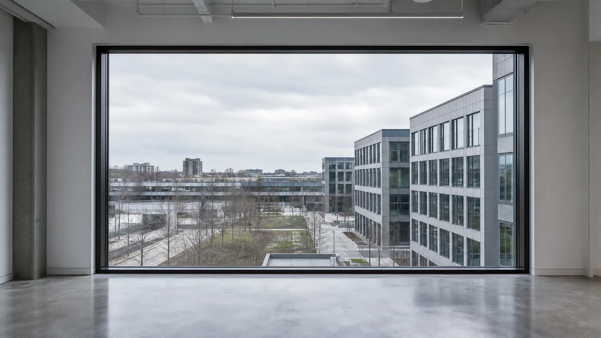 Blick aus einem leeren Büroraum durch eine große Festverglasung auf Nachbargebäude bei bedecktem Himmel