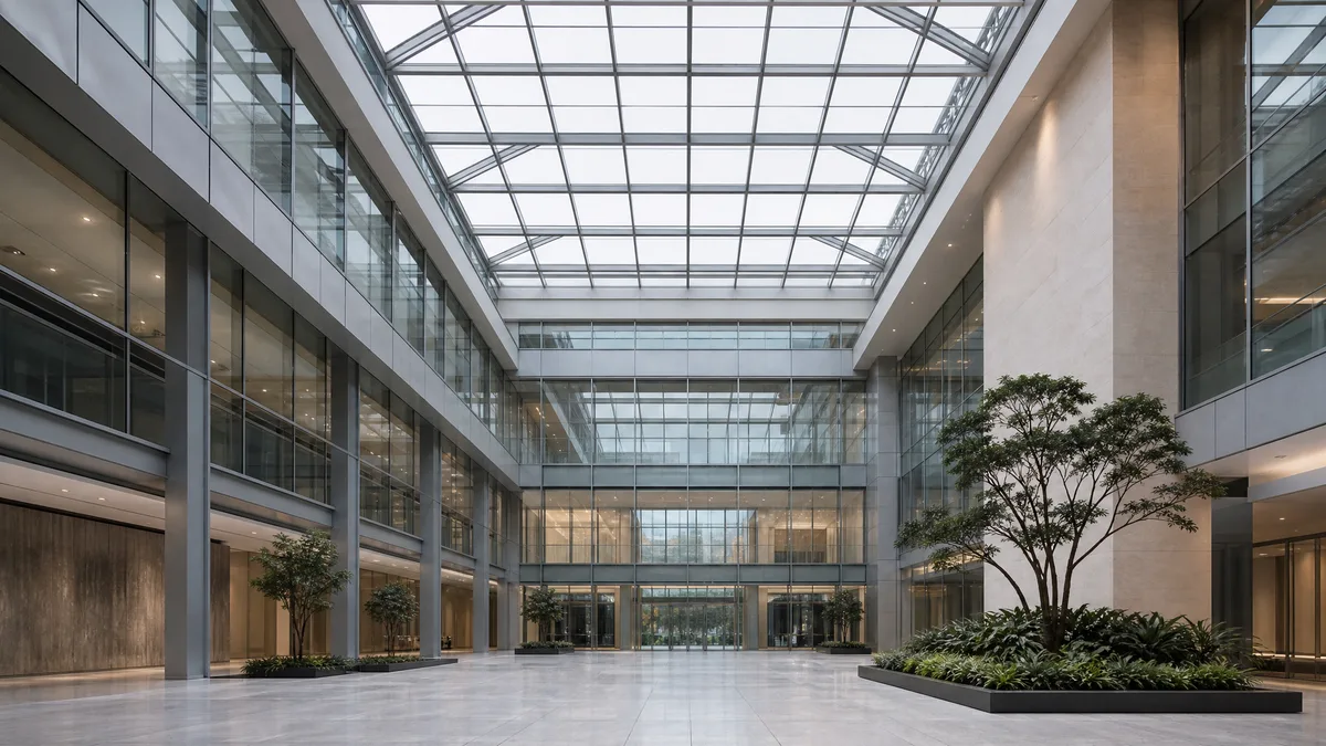 Hohes Atrium eines Bürogebäudes mit großem Glasdach und raumhohen Verglasungen, Blick vom Erdgeschoss