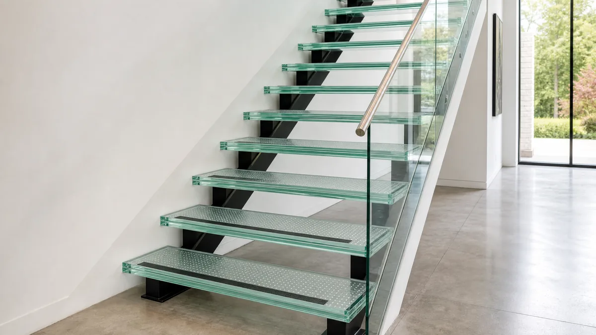 Gerade Innentreppe mit mehrschichtigen Glasstufen mit Punktraster auf einem dunklen Stahlholm, daneben Ganzglasgeländer mit Edelstahl-Handlauf