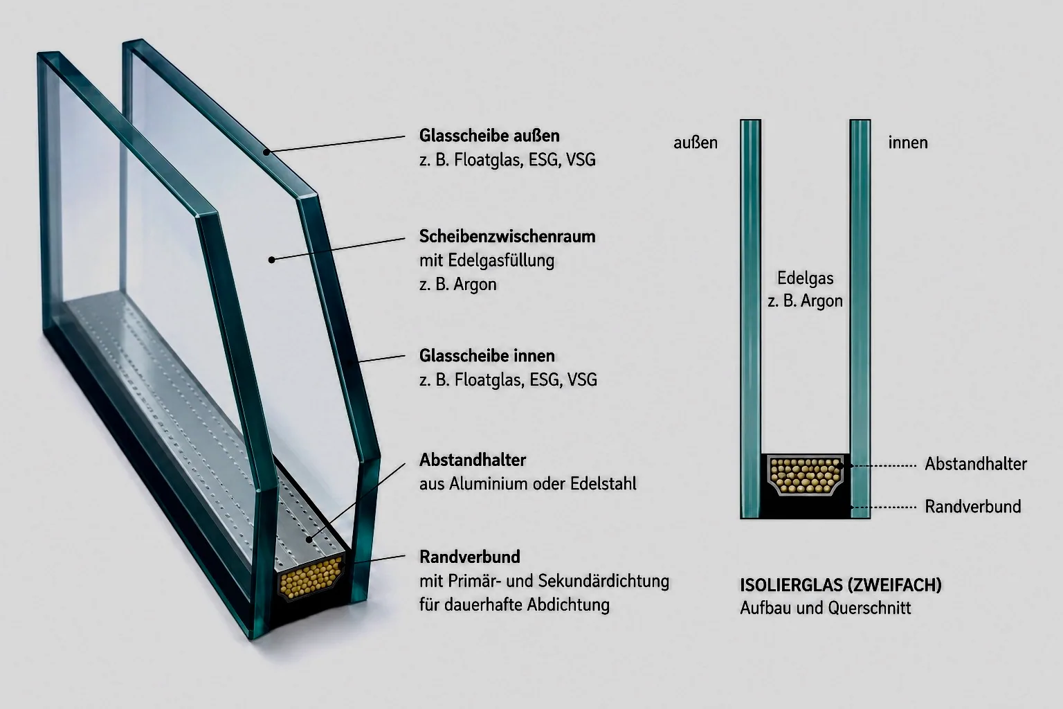 Aufbau eines Zweifach-Isolierglases: Glasscheiben, Scheibenzwischenraum mit Argon, Abstandhalter und Randverbund im Querschnitt
