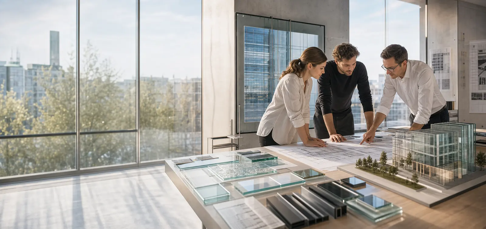 Architekturteam plant eine Glasfassade mit Modellen, Mustern und Zeichnungen
